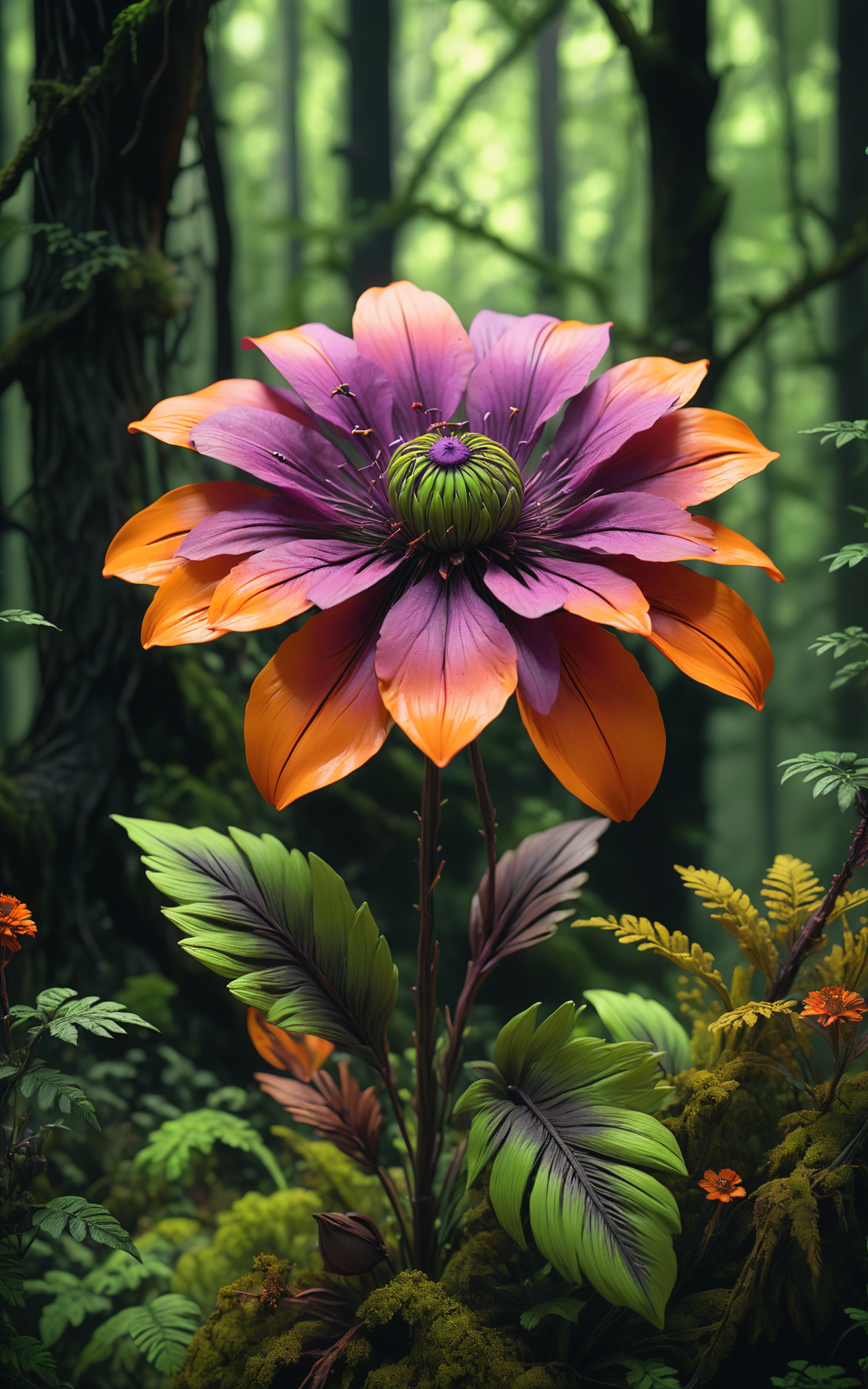 08911-1005208444-A beautiful purple flower in a dark forest, in the style of hyper-realistic sculptures, dark orange and green, post-apocalyptic.png